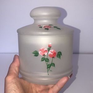 Vintage Satin Glass Hand Painted Roses Signed Vanity Jar With Lid